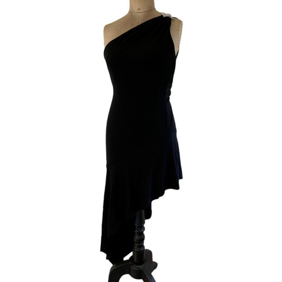 Vintage 90's Nicole Bakti Cocktail Dress One Shoulder Asymmetrical Hem Black XS - Picture 2 of 16
